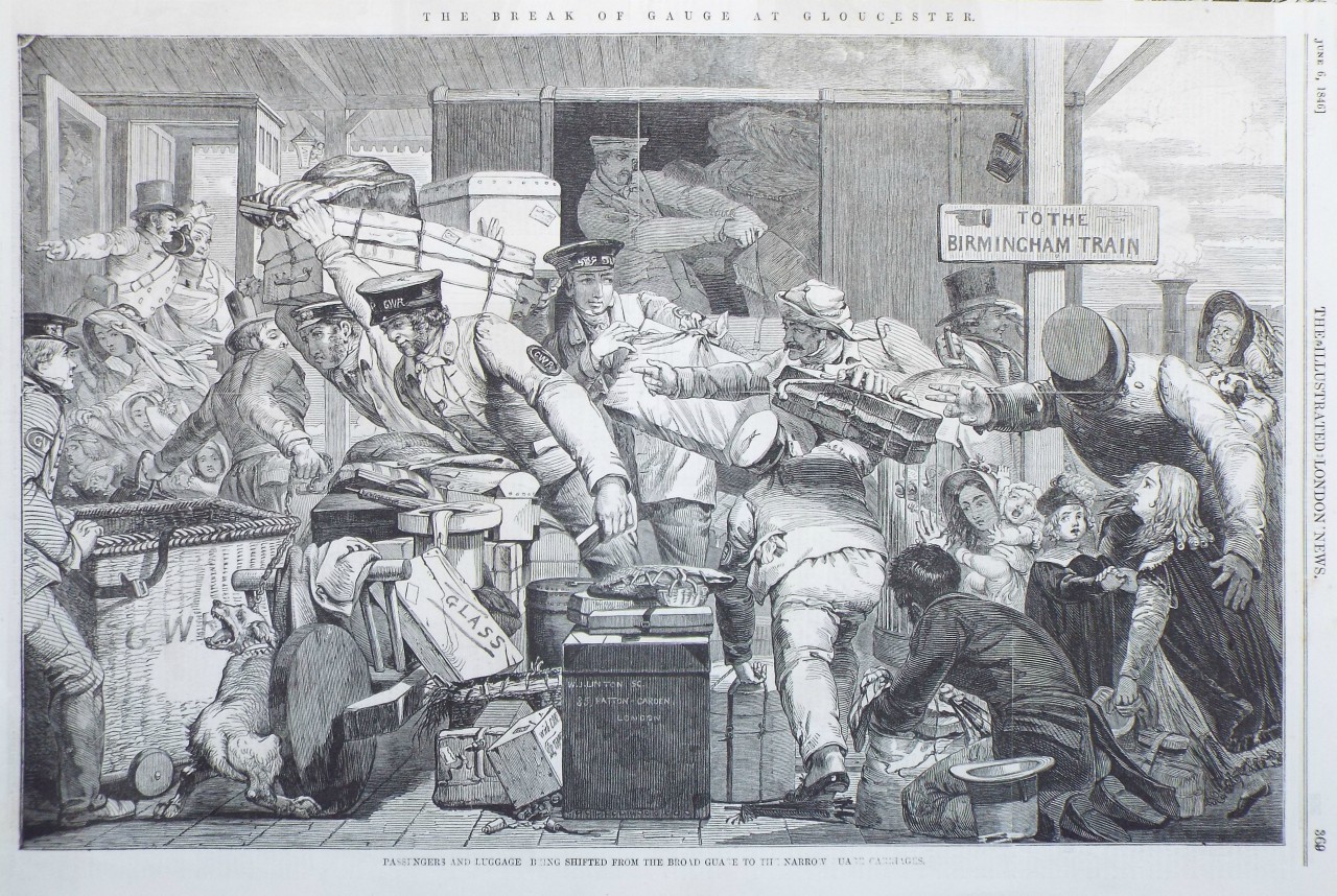 Wood - The Break of Gauge at Gloucester. Passengers and Luggage being Shifted from the Broad Gauge to the Narrow Gauge Carriages.