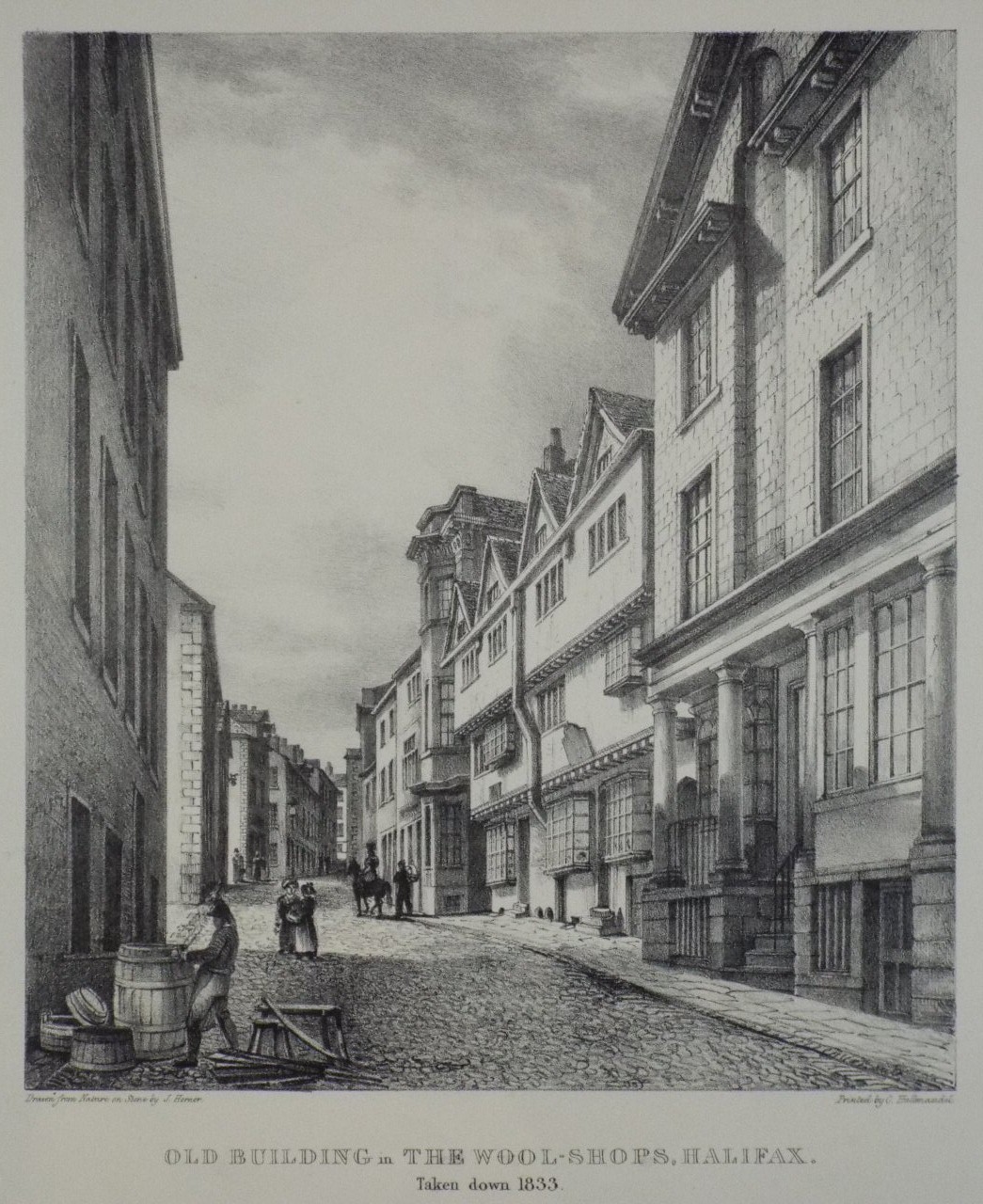 Lithograph - Old Buildings in The Wool-Shops, Halifax. Taken down 1832. - Horner