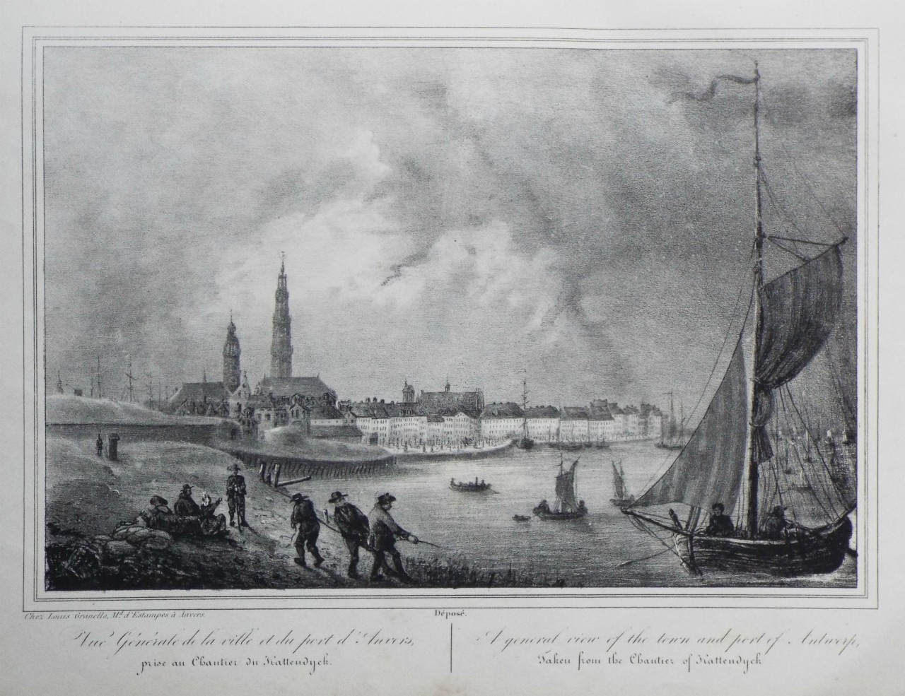 Lithograph - Vue Generale de la ville et du Port d'Anvers. A general view of the town and port of Antwerp.