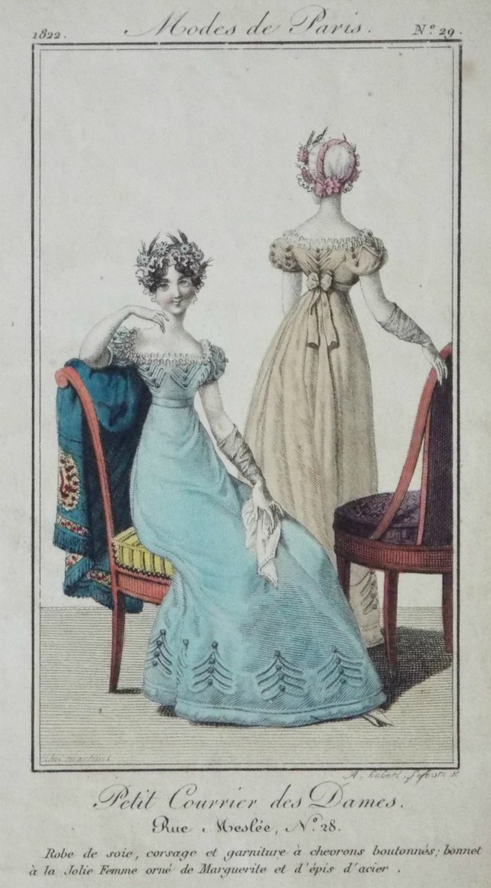 Print - Robe de soie, corsage et garniture a chevrons boutonnes; bonnet a la Jolie Femme orne de Marguerite et d'epis d'acier.