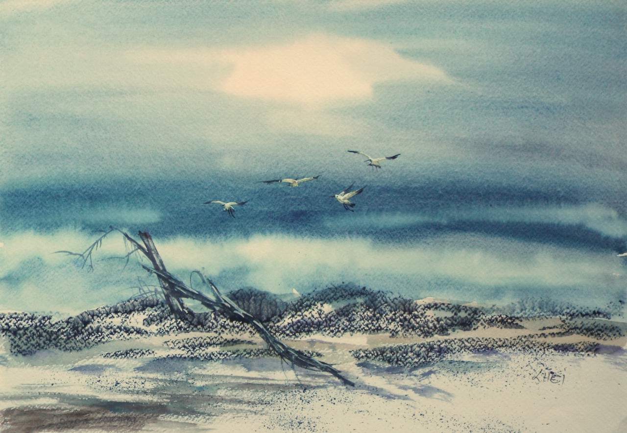 Watercolour - Oriental coastal landscape