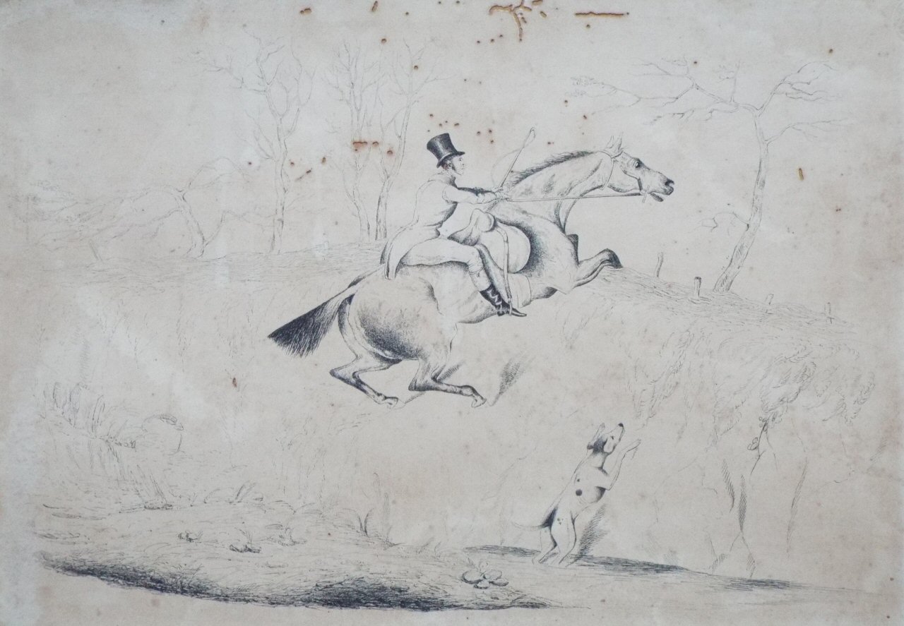 Etching - (Huntsman & Hound climbing a river bank)