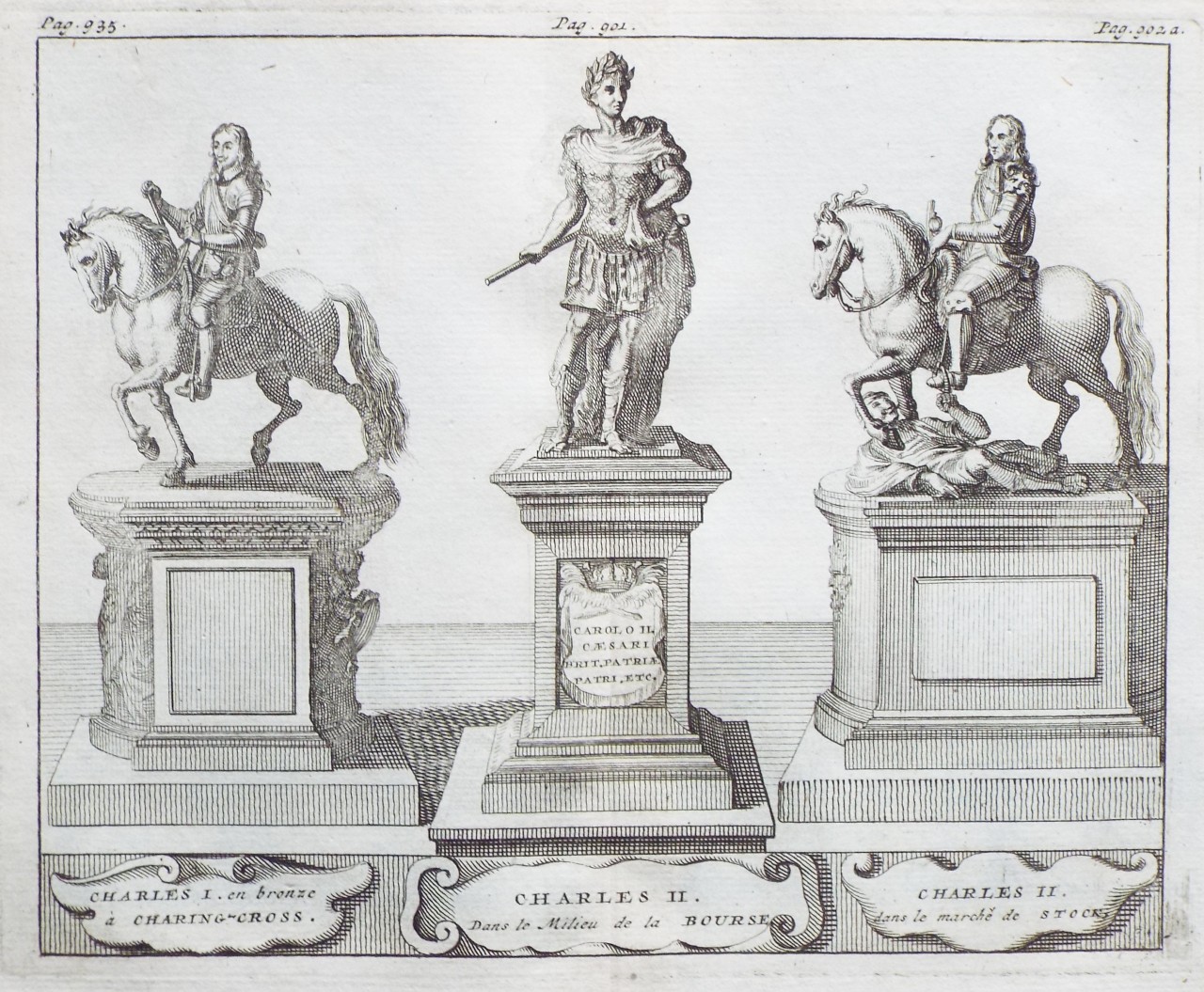 Print - Charles I. en Bronze a Charing-Cross.
Charles II. Dans le milieu de la Bourse.
Charles II. dans le marche de Stock.
