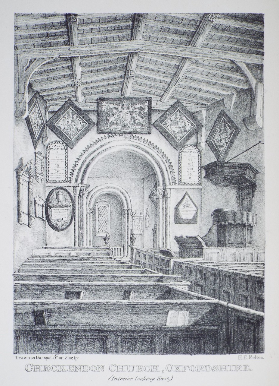 Zinc Lithograph - Checkendon Church, Oxforshire. (Interior looking East.) - Relton