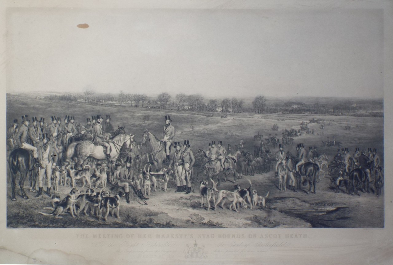 Aquatint - The Meeting of her Majesty's Stag Hounds on Ascot Heath. - Bromley