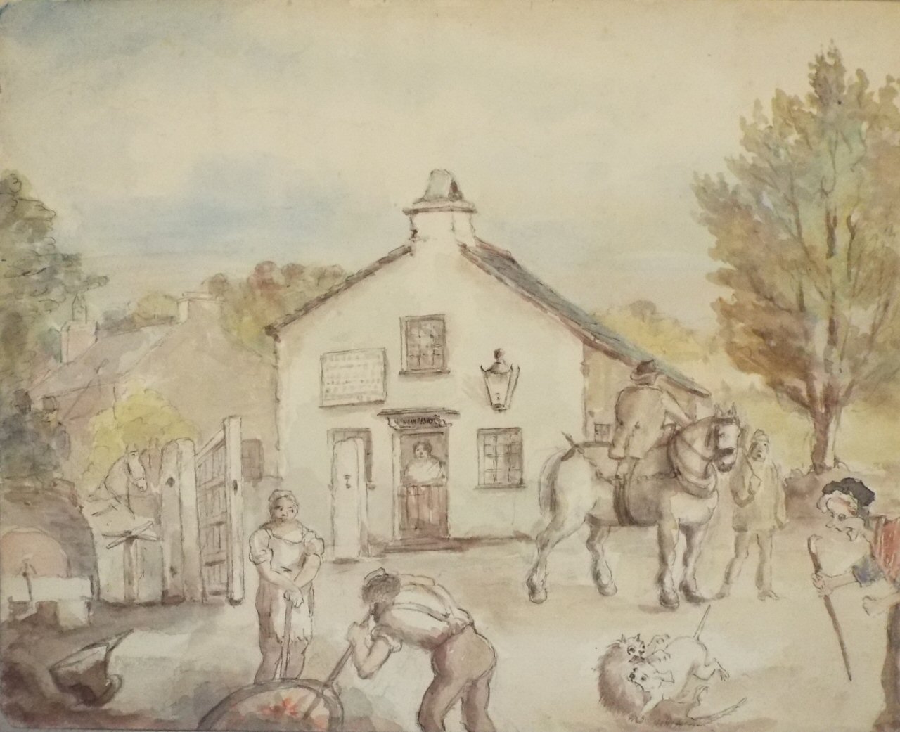 Watercolour - Cartoon village scene with blacksmith's and Inn