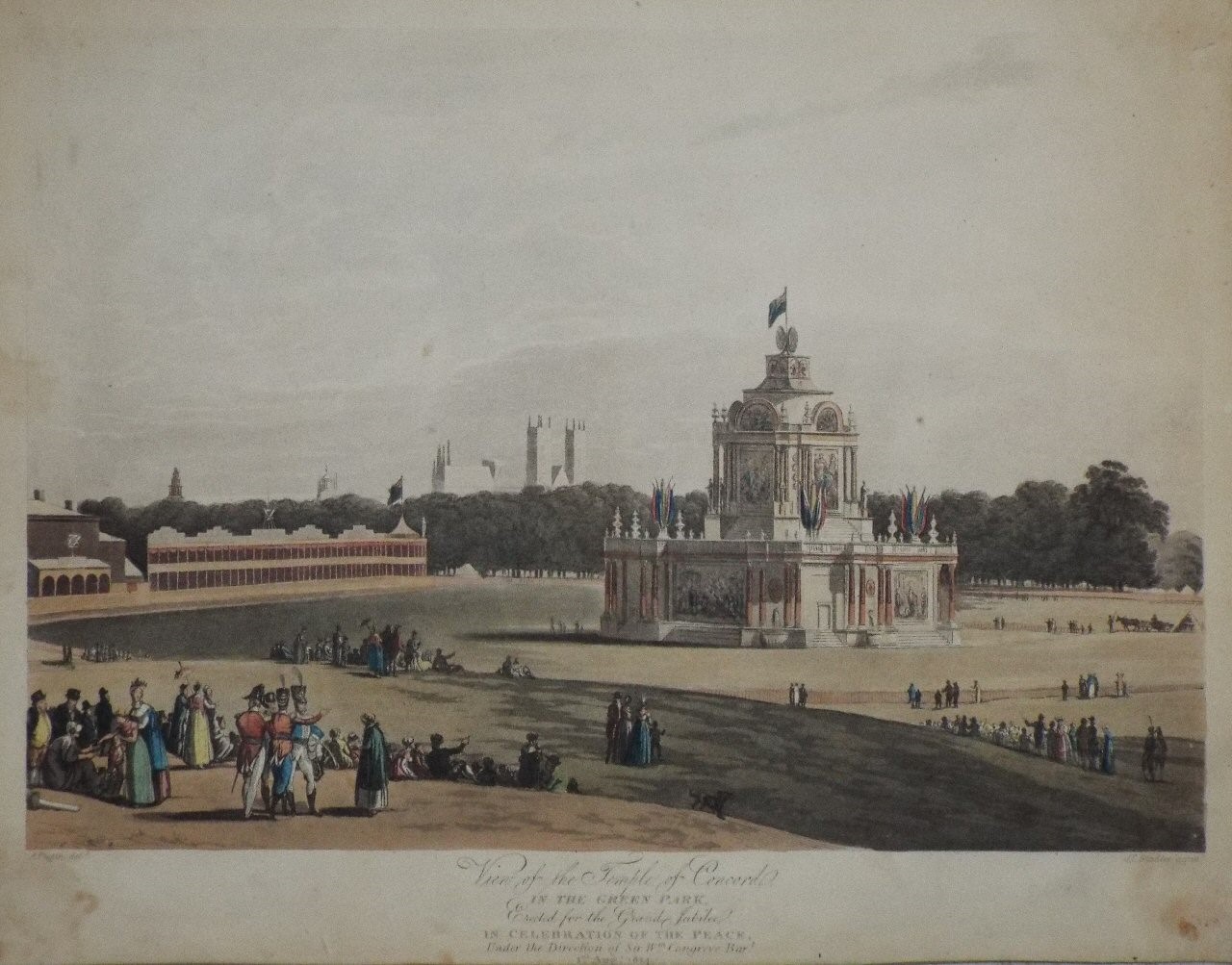 Aquatint - View of the Temple of Concord in the Green Park, Erected for the Grand Jubilee in Celebration of the Peace, Under the Direction of Sir W. Congreve Bart. 1st. Augt. 1814 - Stadler