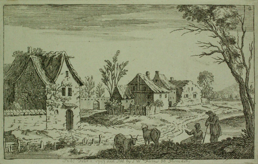 Etching - (Village scene with old cottages)