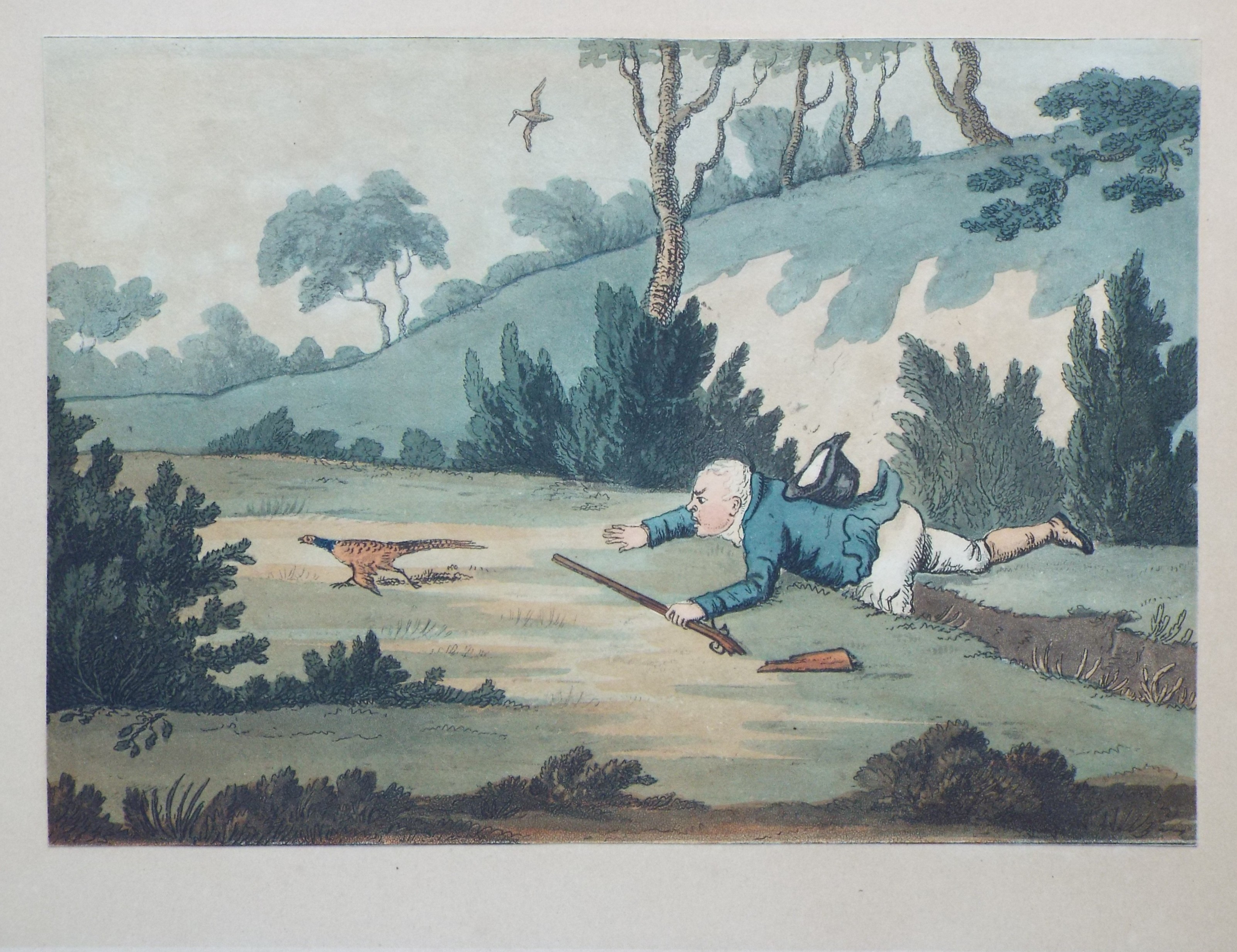 Aquatint - Sportsman fallen, with broken gun; pheasant escaping. - Woodman