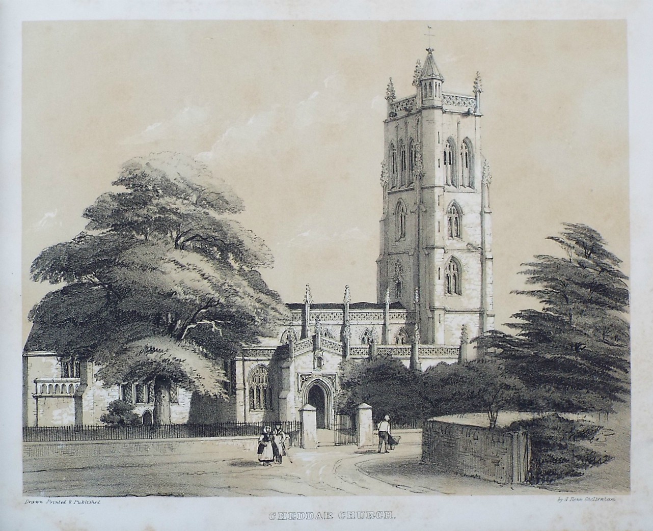 Lithograph - Cheddar Church. - Rowe