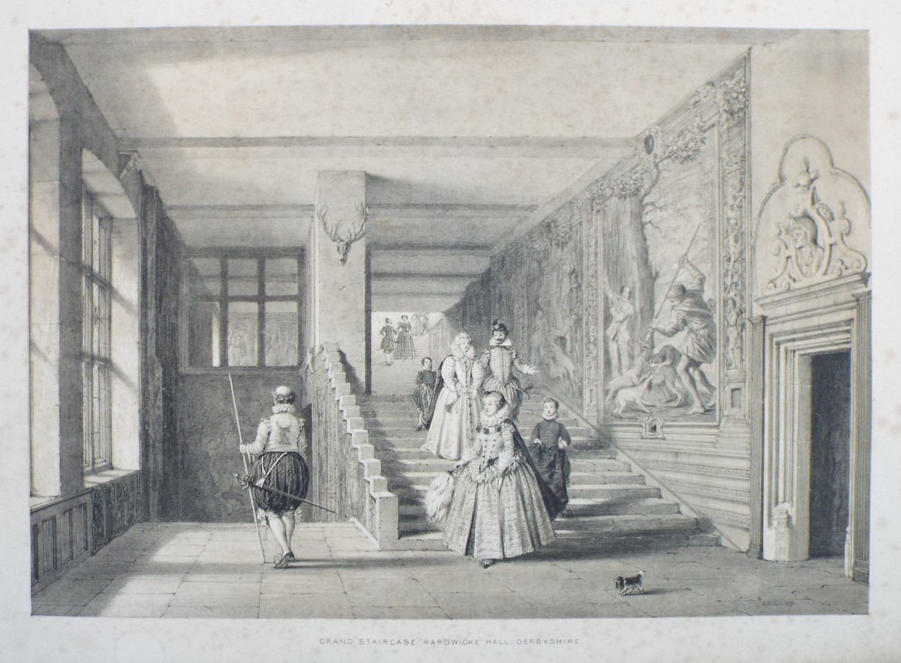 Lithograph - Grand Staircase, Hardwicke Hall, Derbyshire - Nash