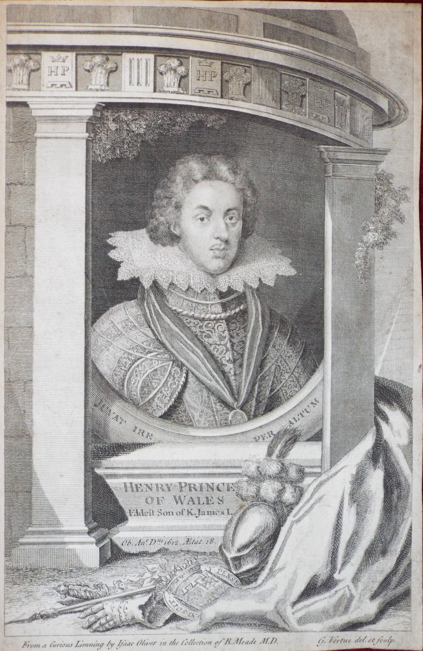 Print - Henry Prince of Wales Eldest Son of K. James I. Ob. 1612. Aetat. 18. From a Curious Limning by Isaac Oliver in the Collection of R. Meade M.D. - Vertue