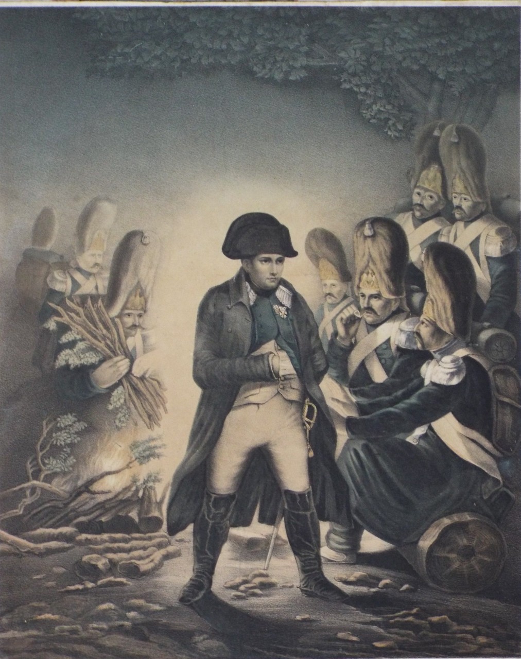 Lithograph - Napoleon with officers beside a camp fire
