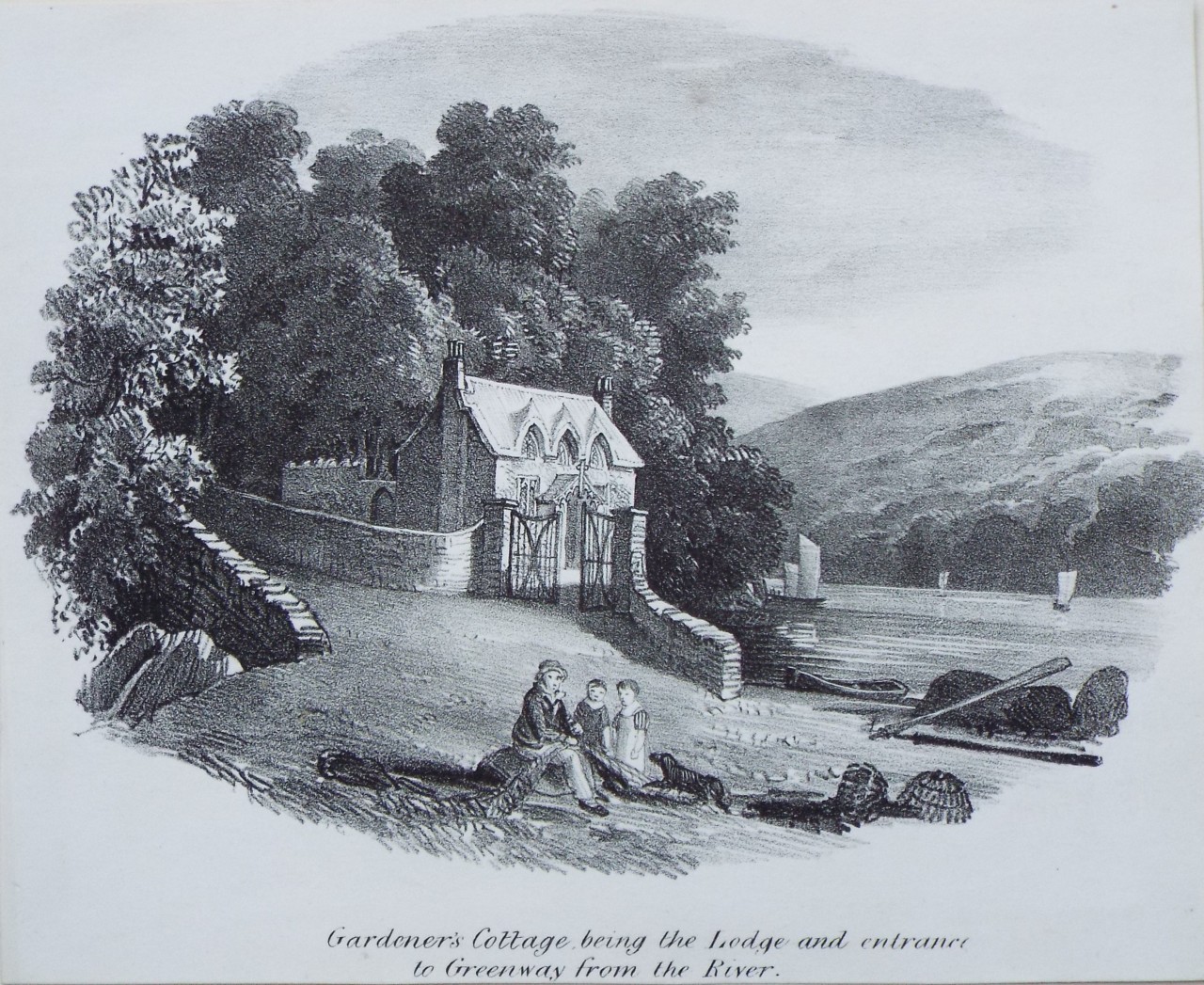 Lithograph - Gardeners Cottage being the Lodge and entrance to Greenway from the River.