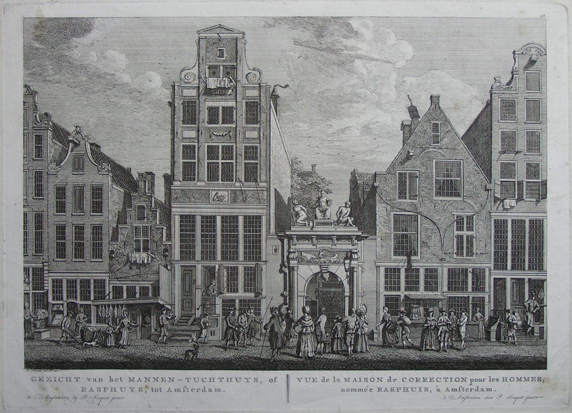 Etching - Gezicht van het Mannen-Tuchthuys, of Rasphuys, tot Amsterdam. Vue de la Maison de Correction por les Hommes, nommee Rasphuis, a Amsterdam. - Schoute