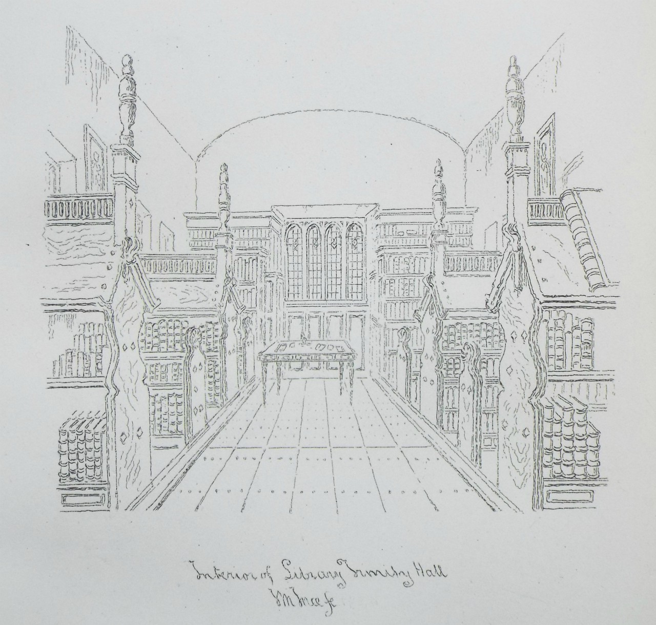 Etching - Interior of Library Trinity Hall - Ince