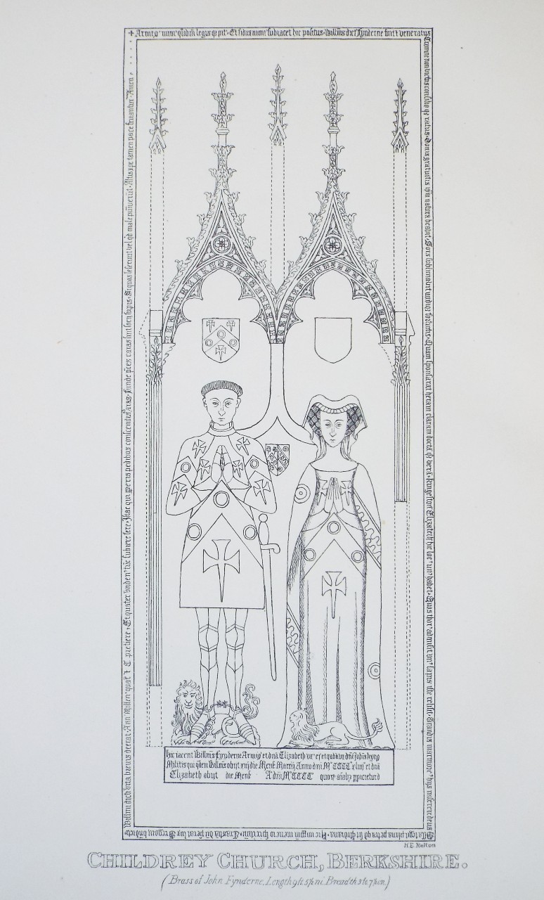 Zinc Lithograph - Childrey Church, Berkshire. (Brass of Fynderne) - Relton