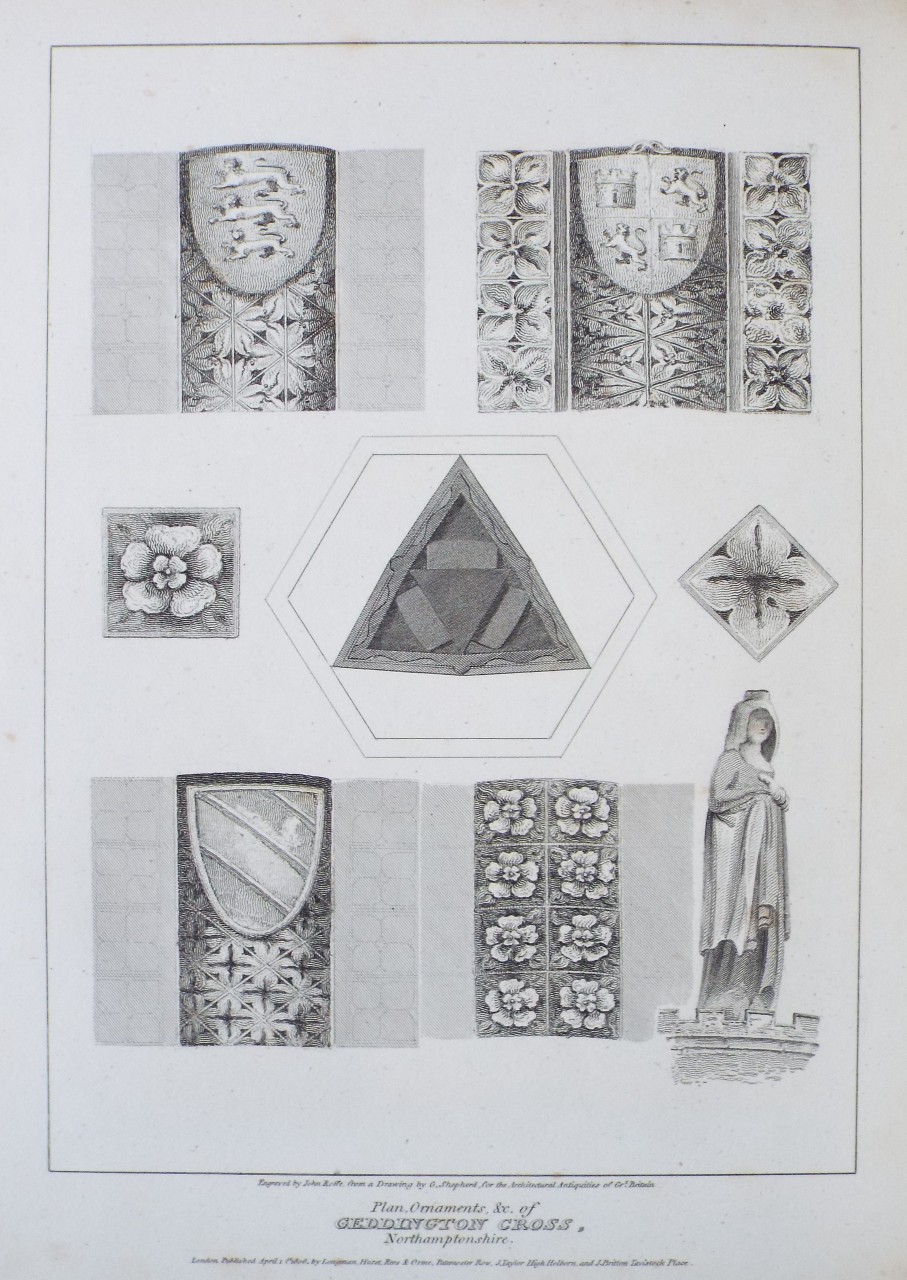Print - Plan, Ornaments, &c. of Geddington Cross, Northamptonshire. - Roffe