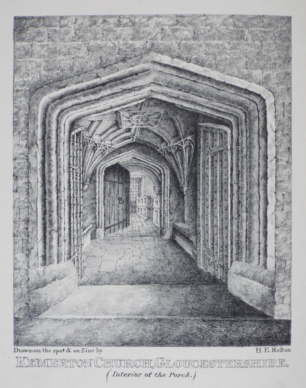 Zinc Lithograph - Kemerton Church, Gloucestershire. (Interior of the Porch.) - Relton