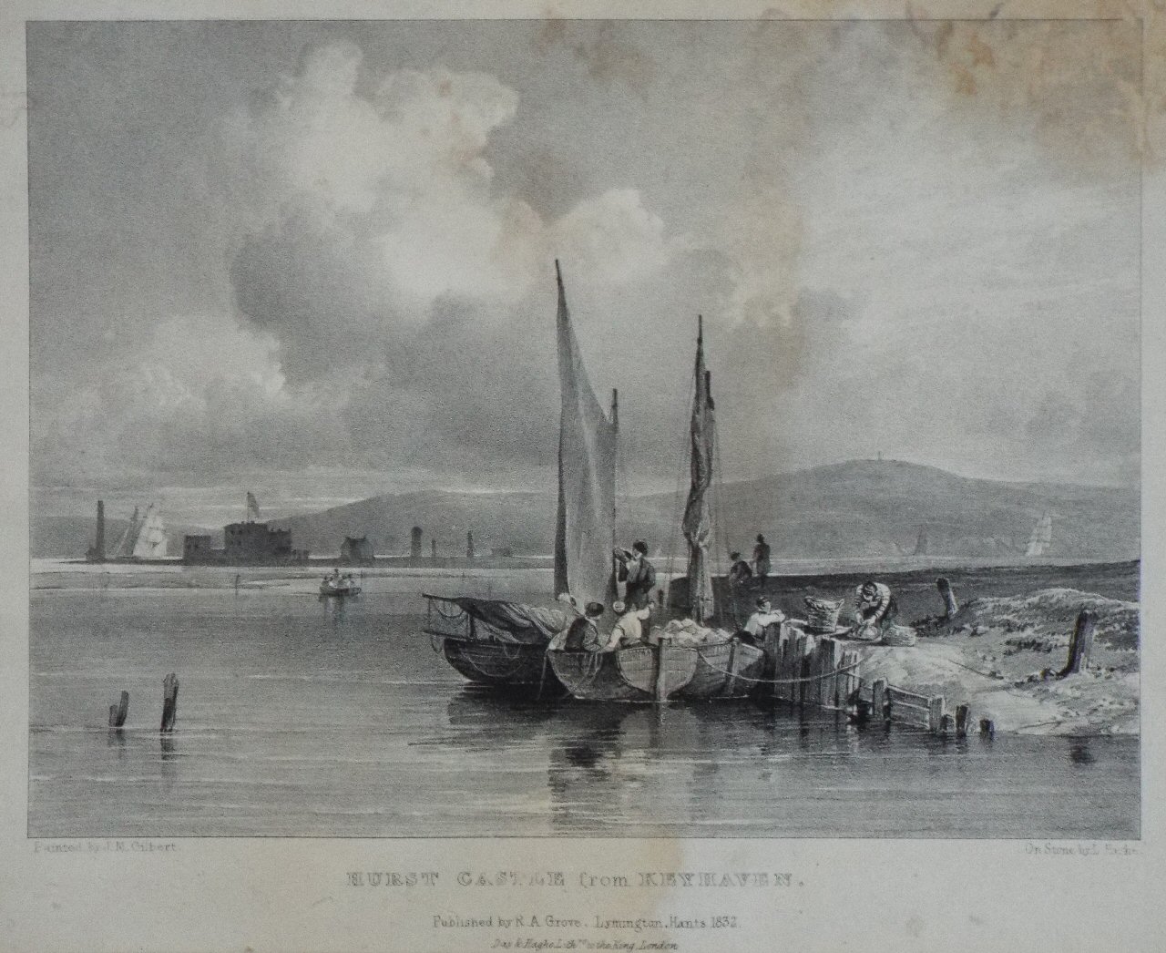 Lithograph - Hurst Castle from Keyhaven - Haghe