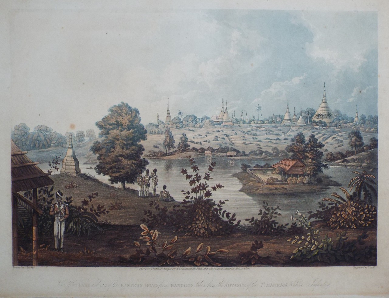Aquatint - View of the Lake and part of the Eastern Road from Rangoon, taken from the Advance of the 7th Madras Native Infantry. - Pyall