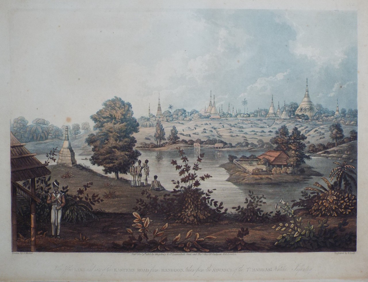Aquatint - View of the Lake and part of the Eastern Road from Rangoon, taken from the Advance of the 7th Madras Native Infantry. - Pyall