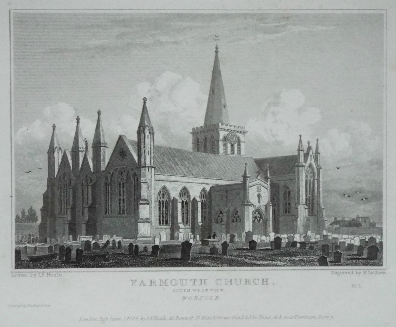 Print - Yarmouth Church, South West View, Norfolk. - Le