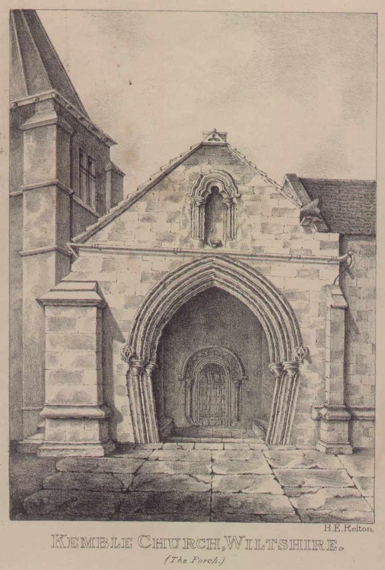 Lithograph - Kemble Church, Wiltshire (The Porch.) - Relton