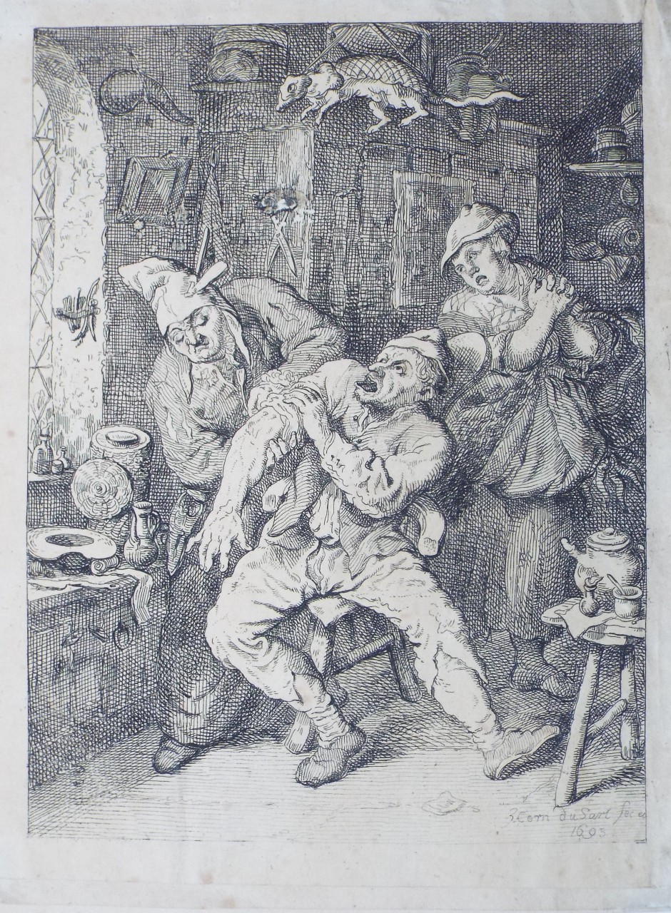 Etching - A surgeon applying a probe to the arm of a screaming patient. - Dusart
