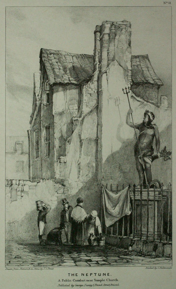 Lithograph - The Neptune. A Public Conduit near Temple Church - Prout