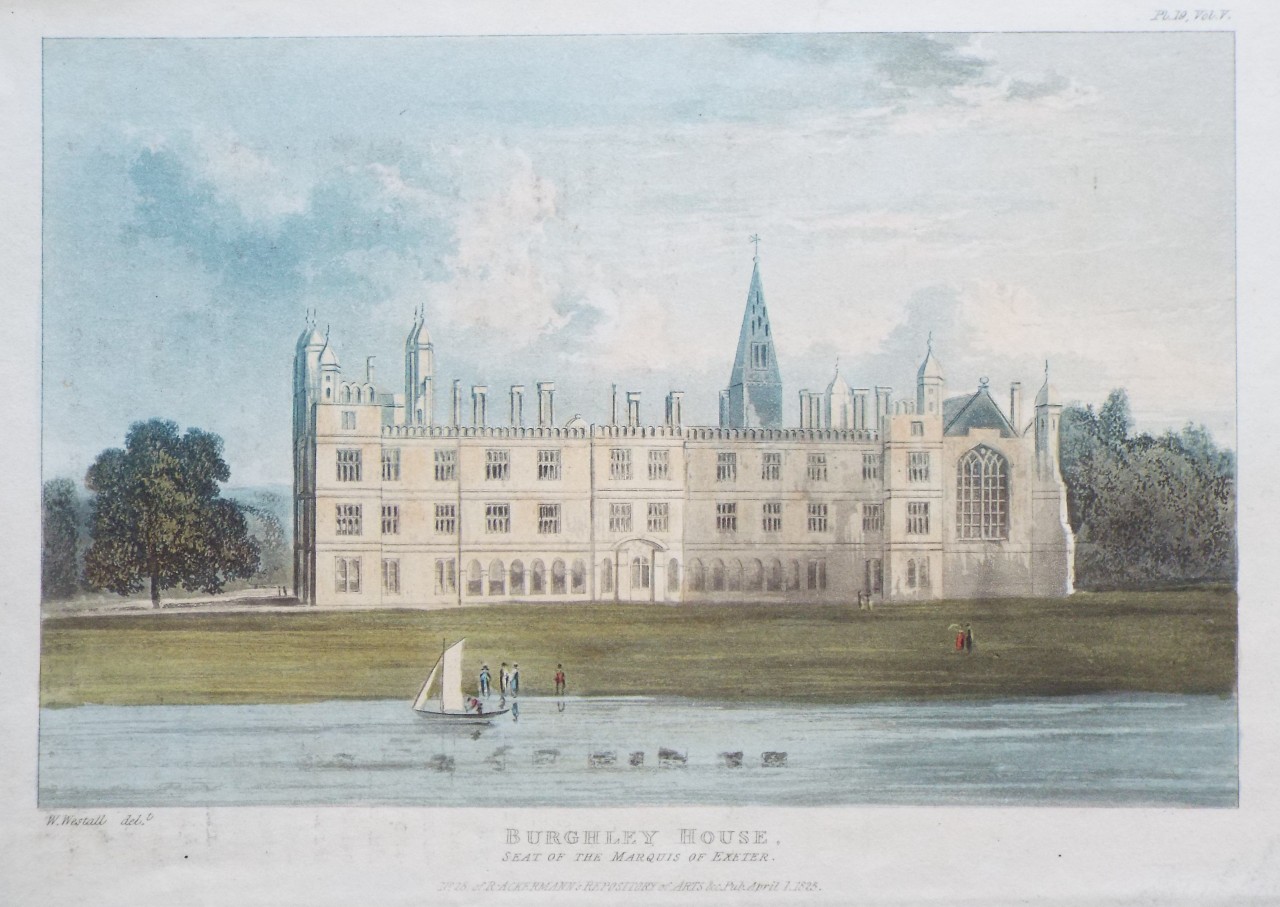 Aquatint - Burghley House, Seat of the Marquis of Exeter.