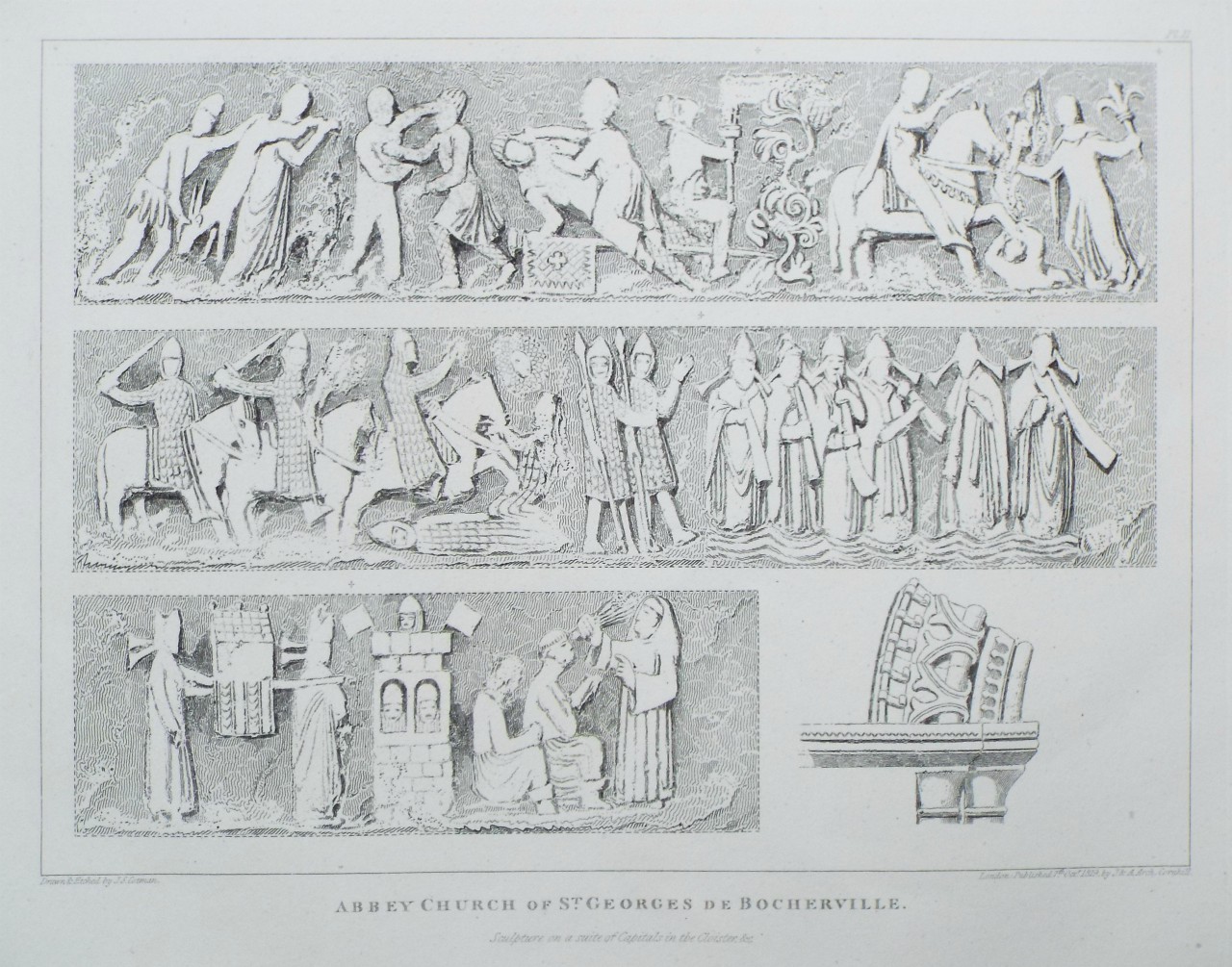 Etching - Abbey Church of St. Georges de Bocherville. Sculpture on a suite of Capitals in the Cloister &c. - Cotman