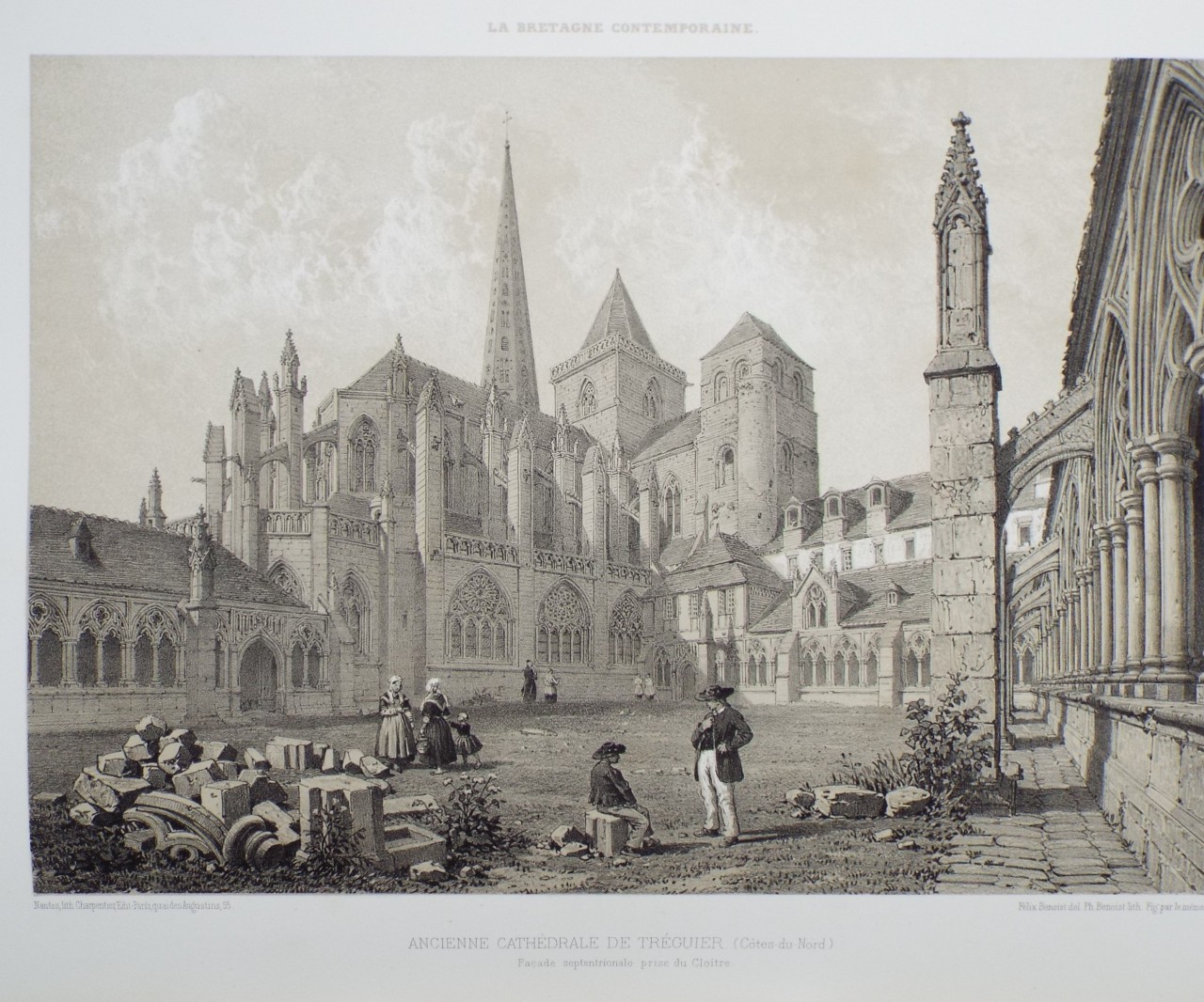 Lithograph - Ancienne Cathedrale de Treguier. (Cotes-du-Nord) Facade septentrionale prise du Cloitre. - Benoist