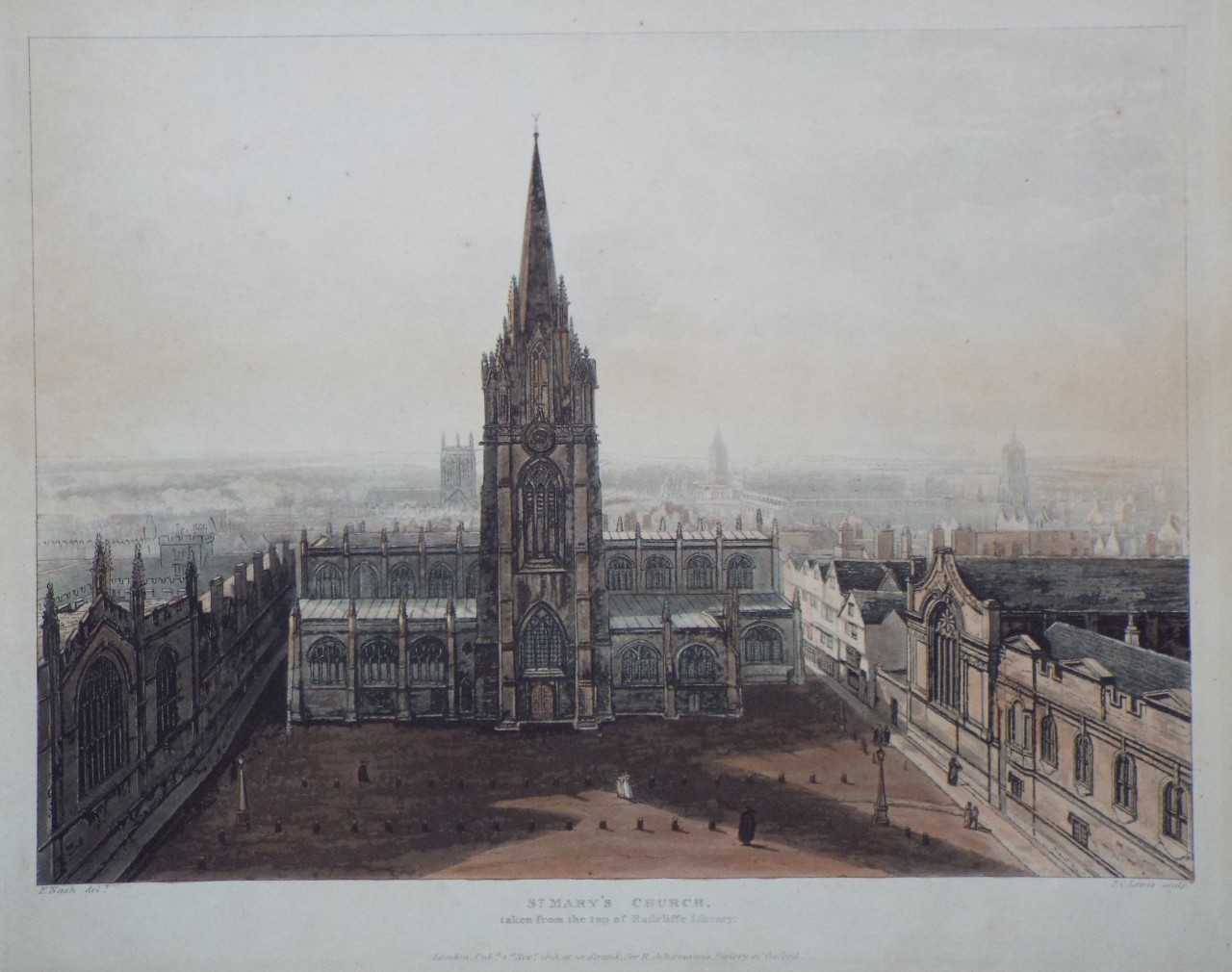 Aquatint - St. Mary's Church, taken from the top of Radcliffe Library. - Lewis