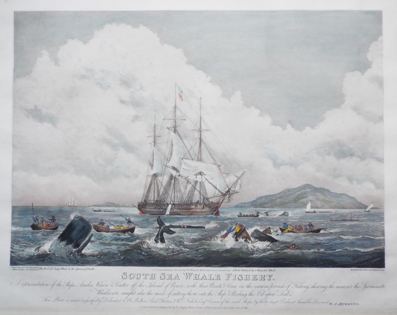 Aquatint - South Sea Whale Fishery. A representation of the Ships Amelia Wilson & Castor off the Island of Bouro. _ with their Boats & Crew, in the various process of Fishing, shewing the manner the Spermacetti Whales are caught, also the mode of cutting them into the Ship & Boiling the Oil upon Deck. - 