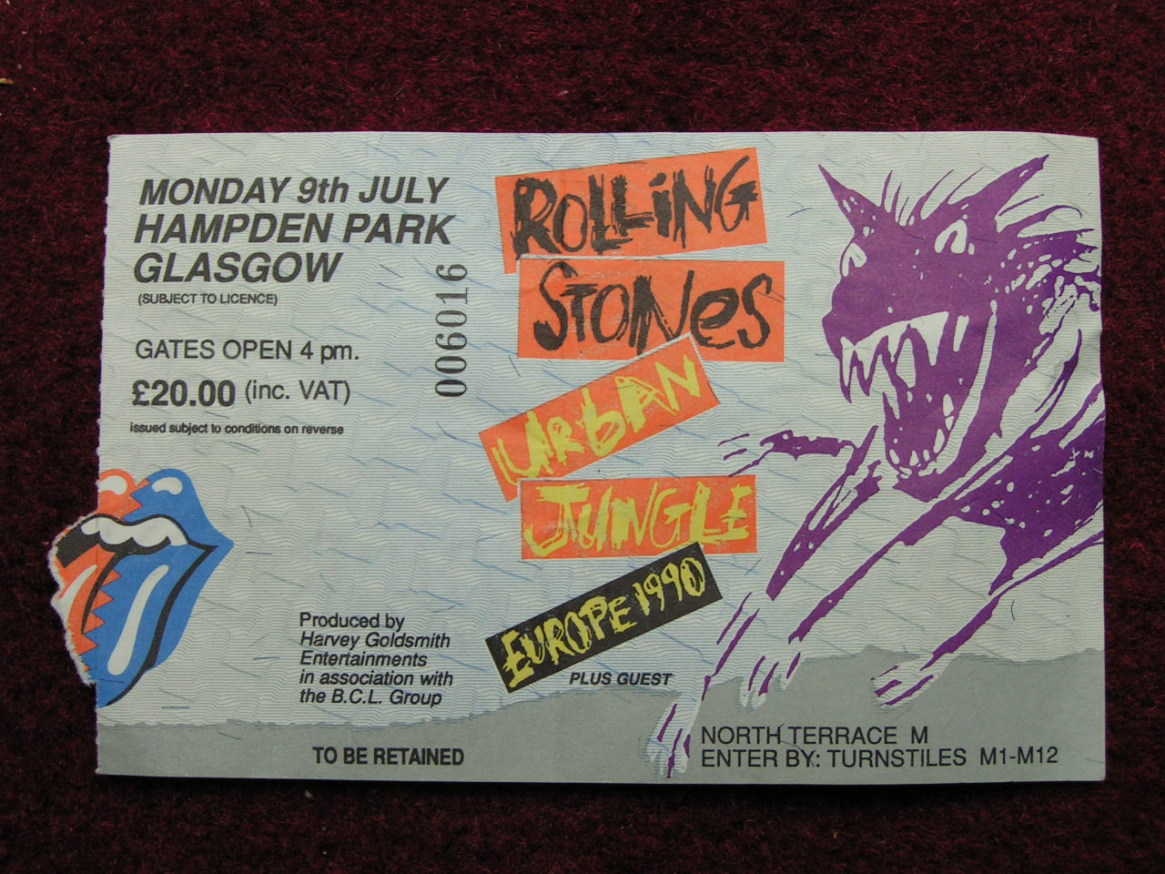 Ticket Stub - Rolling Stones Urban Jungle Hampden Park 9/7/90