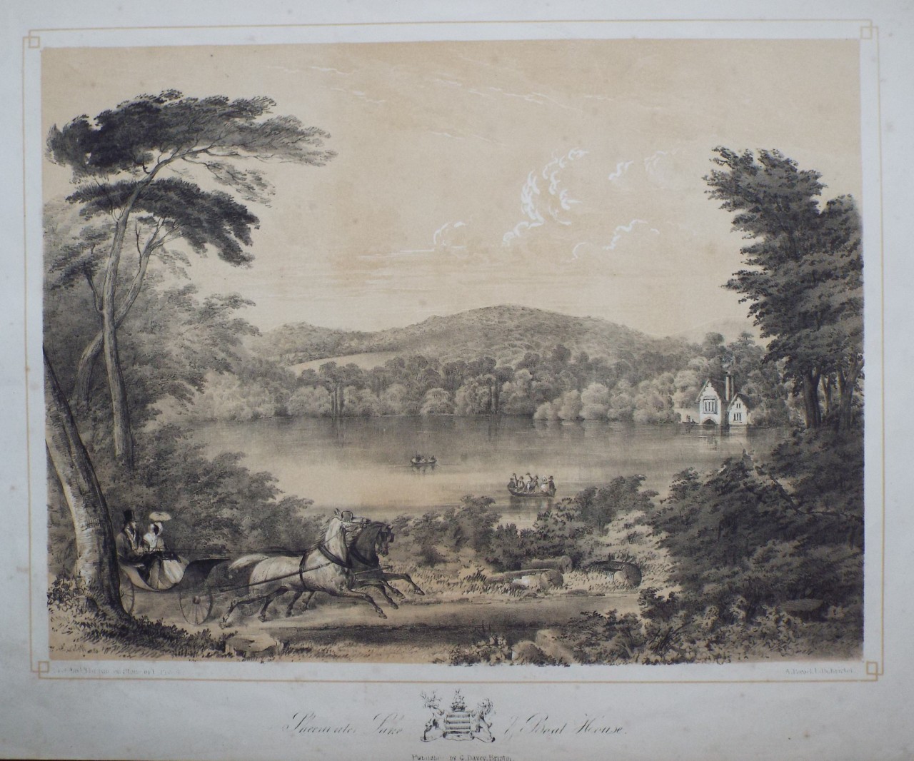 Lithograph - Sheerwater Lake & Boat House. - Pocock