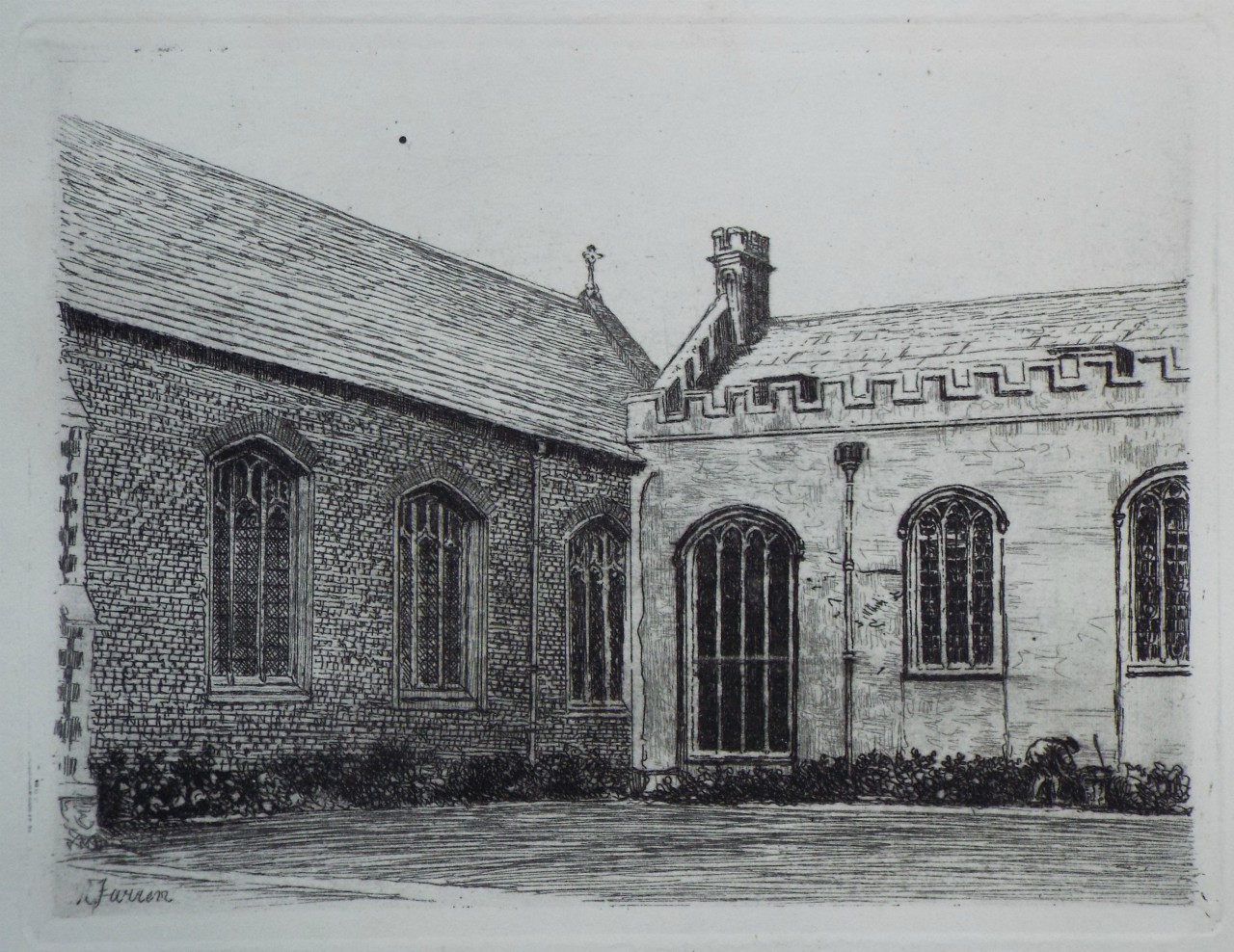 Etching - Magdalen College, part of the Hall and Chapel - Farren