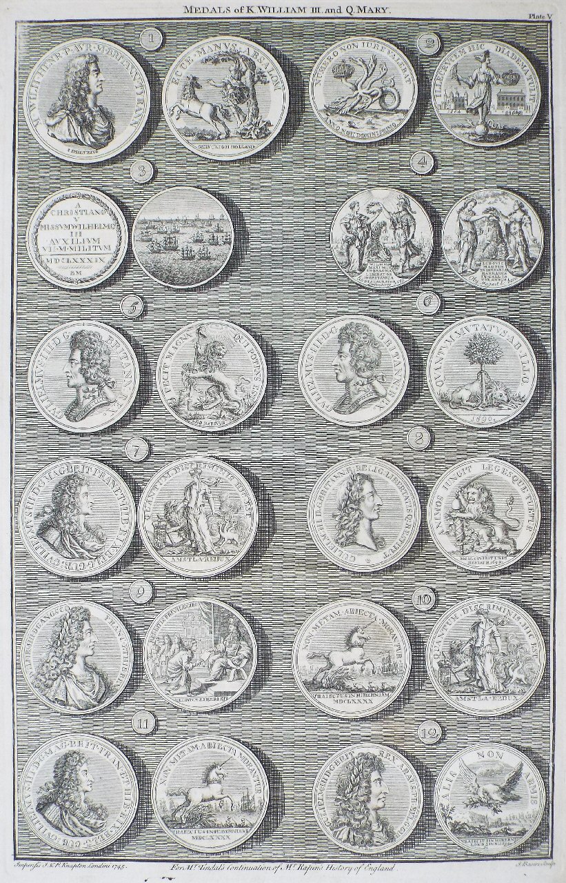 Print - Medals of K.William III. and Q.Mary. Plate V - Basire