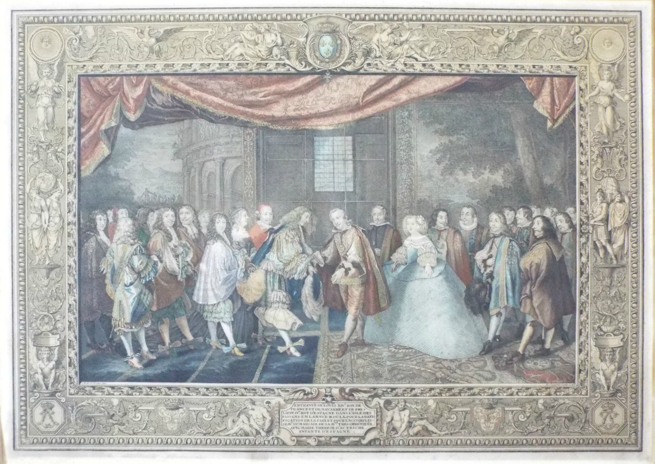 Print - Entrevue de Louis XIV Roy de France et de Navarre et de Philippe IV d'Espagne dans l-Isle des Faisans en Lannee M.D.C.L.X. pour l'Accomplissemt. du Mariage de S A Mte. tres Cretiene avec Marie Therese d'Autriche Infante d'Espagne.