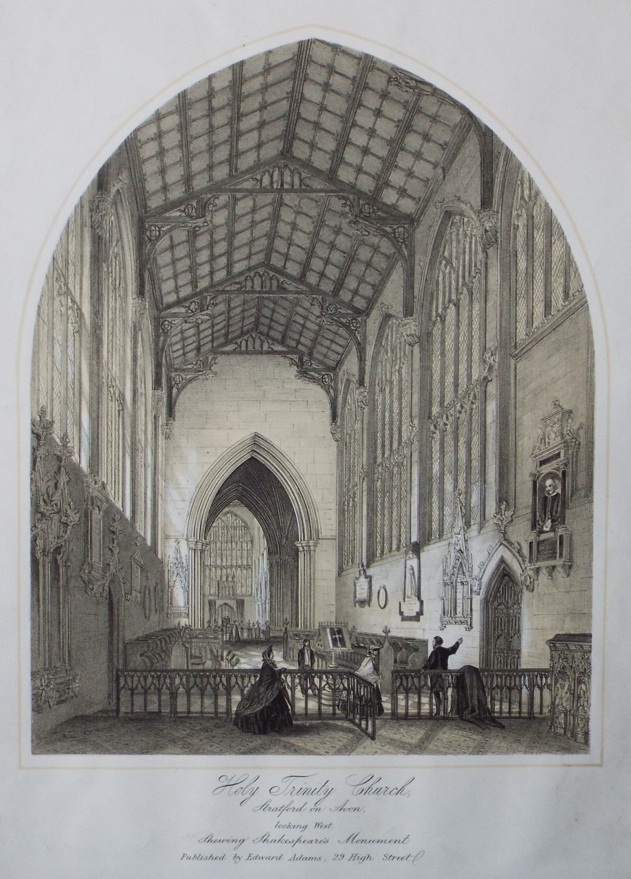 Lithograph - Holy Trinity Church, Stratford on Avon, looking West. Shewing Shakespeare's Monument.