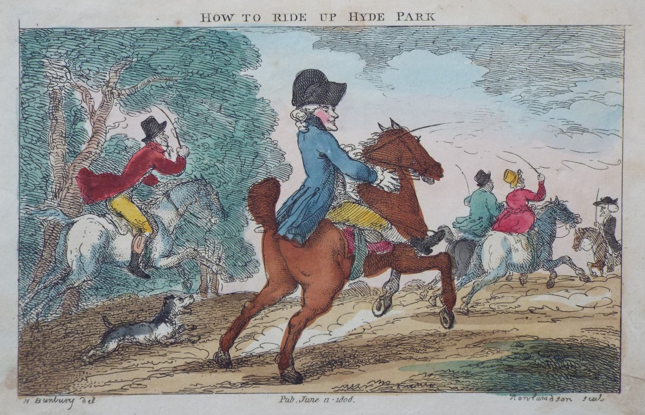Etching - How to Ride up Hyde Park - Rowlandson