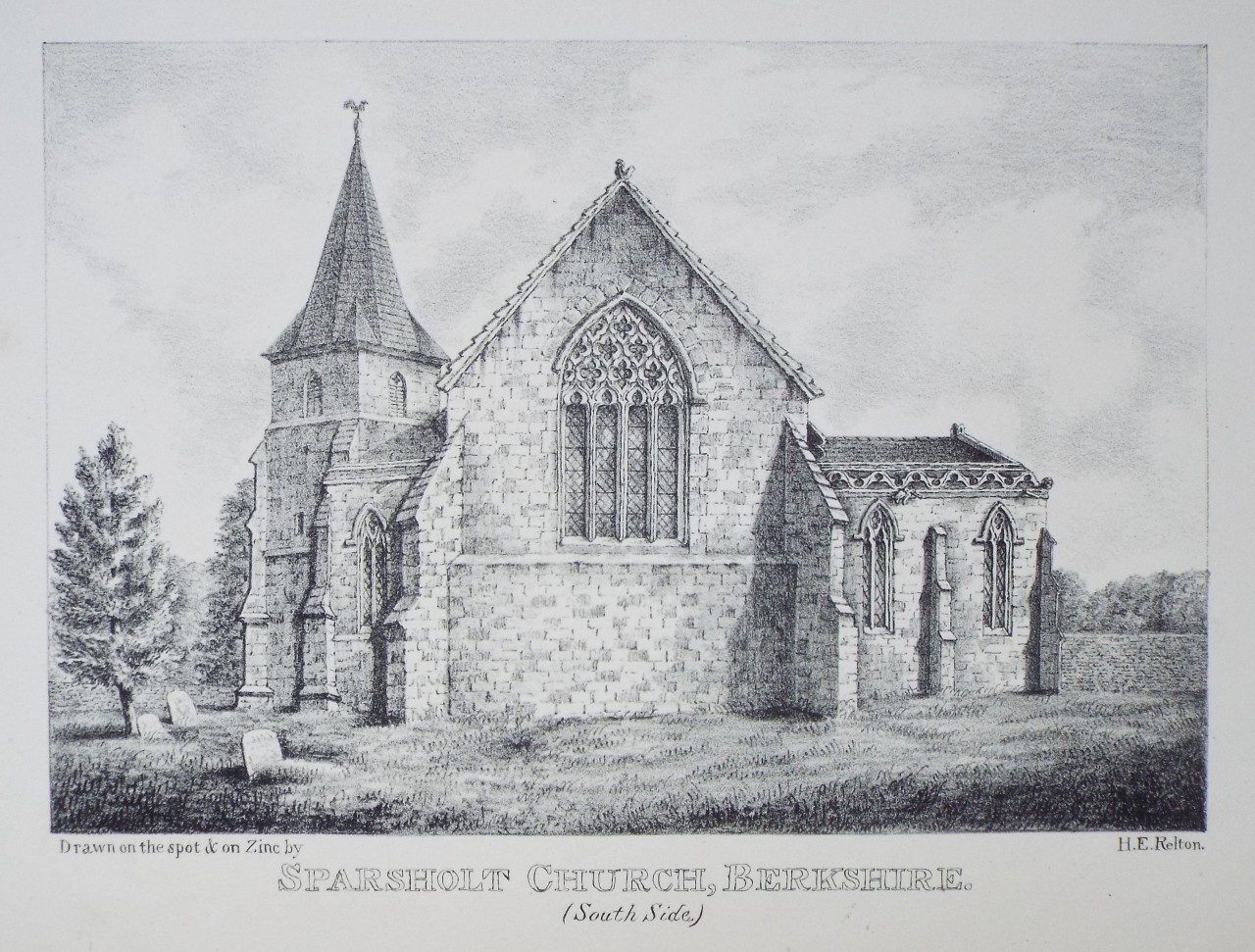 Zinc Lithograph - Sparsholt Church, Berkshire. (South Side.) - Relton