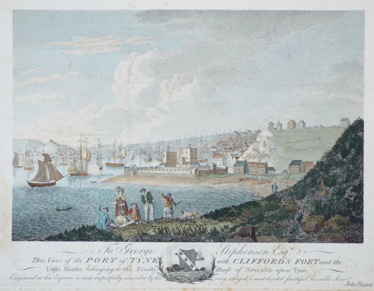 Print - To George Stephenson Esqr. This View of the Port of Tyne with Clifford's Fort and the Light Houses belonging to the Trinity House of Newcastle upon Tyne. Engraved at his Expense is most respectfully inscribed by ... John Brand.