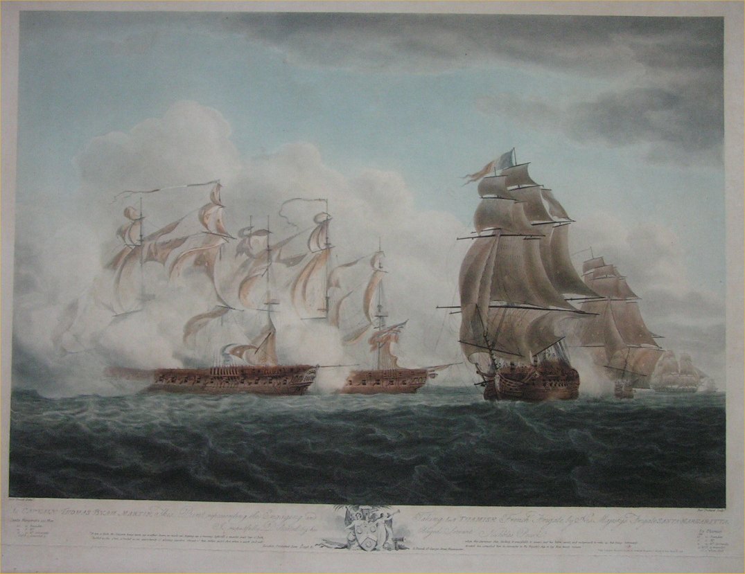 Aquatint - The Engaging and Taking of La Thamise French Frigate - Pollard