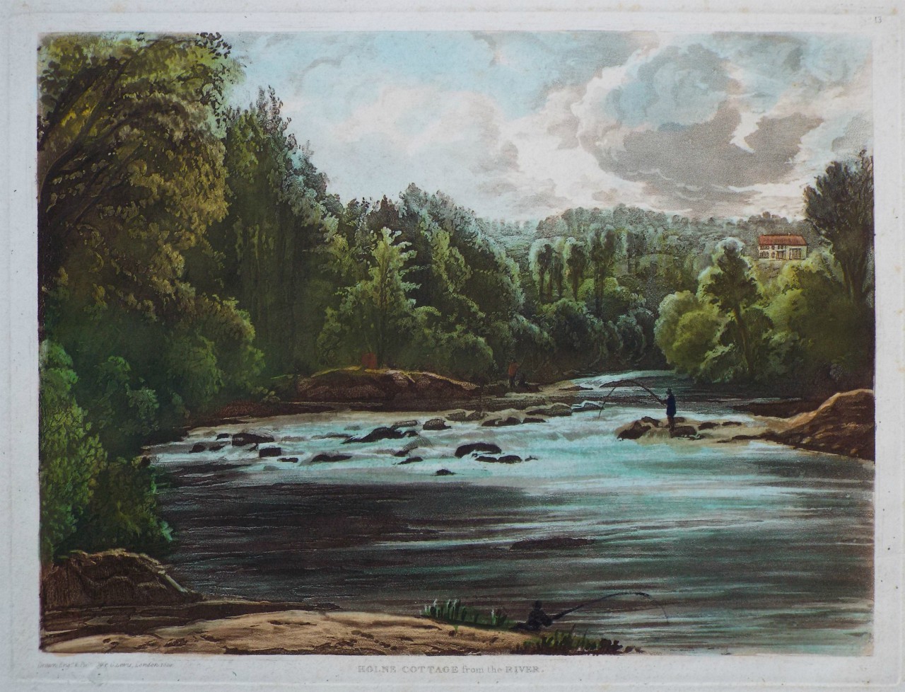 Aquatint - Holne Cottage from the River - Lewis