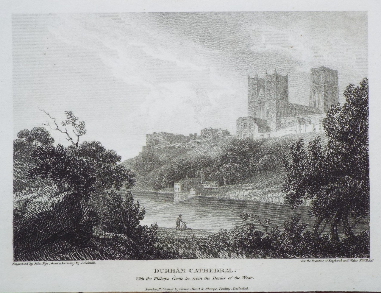 Print - Durham Cathedral. With the Bishops Castle &c. from the Banks of the Wear. - Pye