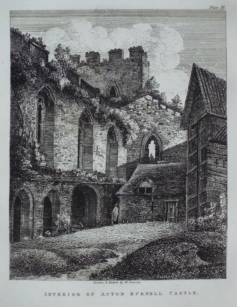 Etching - Interior of Acton Burnell Castle. - Pearson