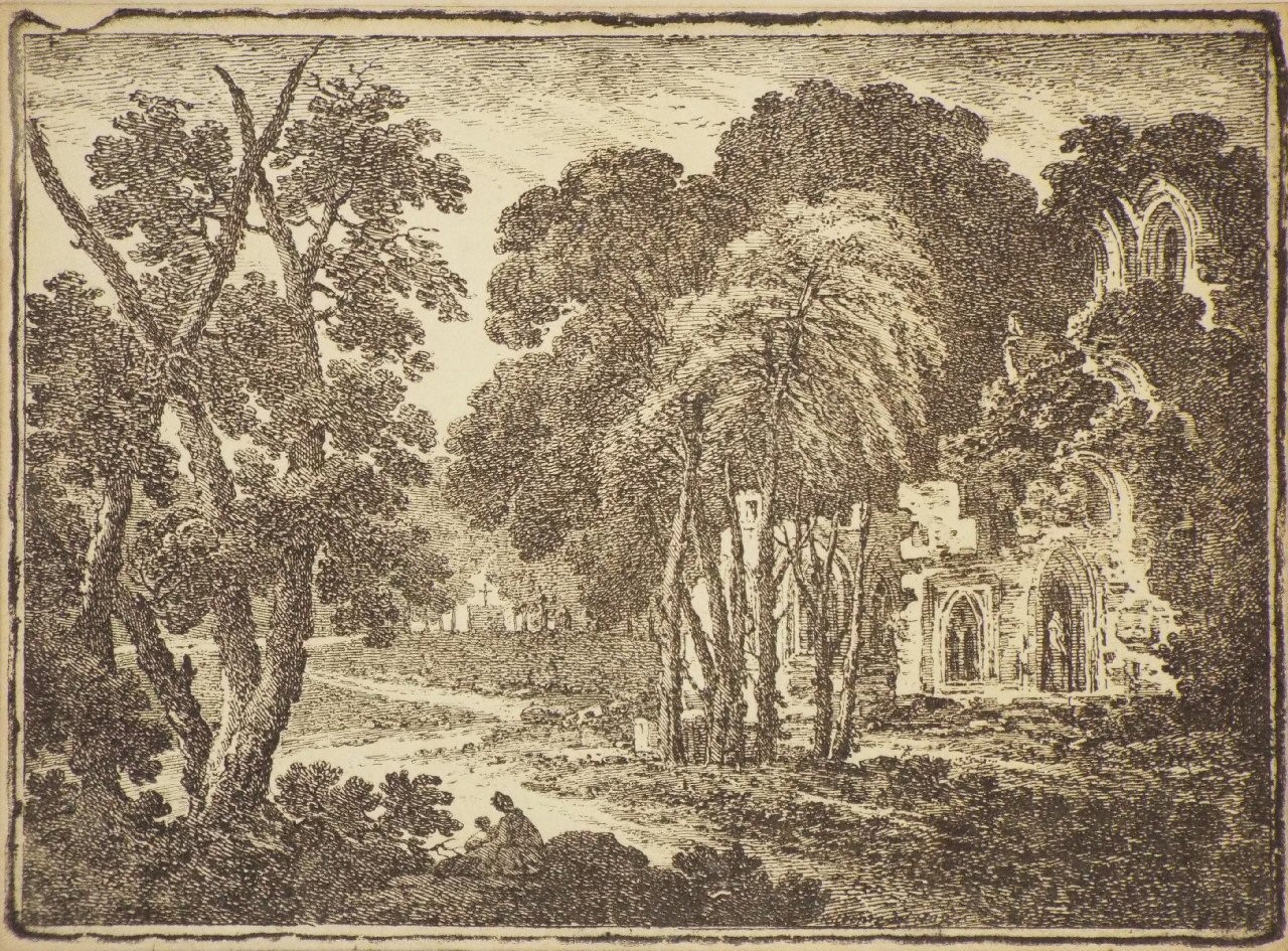 Woodcut - Ruined abbey among trees - Cooper