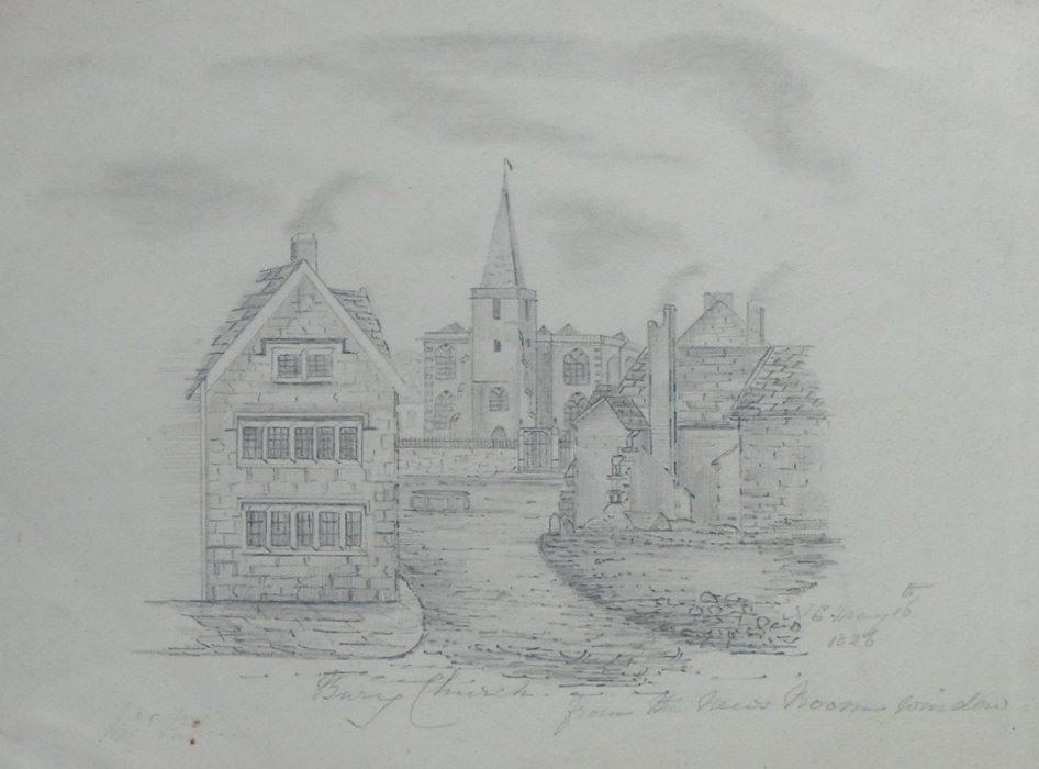 Pencil sketch - Bury Church from the ???? room window